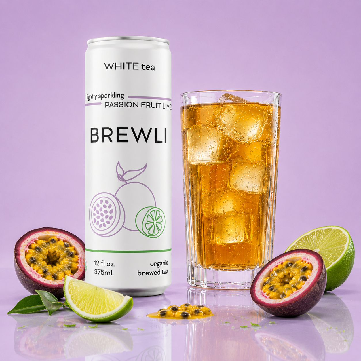 Brewli Organic Teas passionfruit lime can packaging